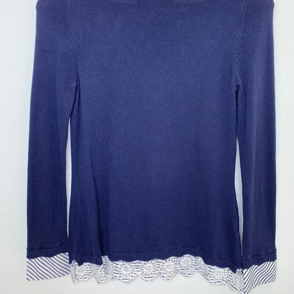 White House Black Market Navy Sweater With Stripe Trim Nautical Size XS 10% Silk